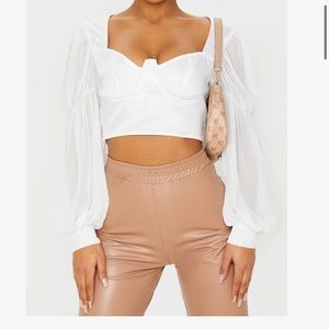 Prettylittlething white satin v-wire underbust sleeve blouse